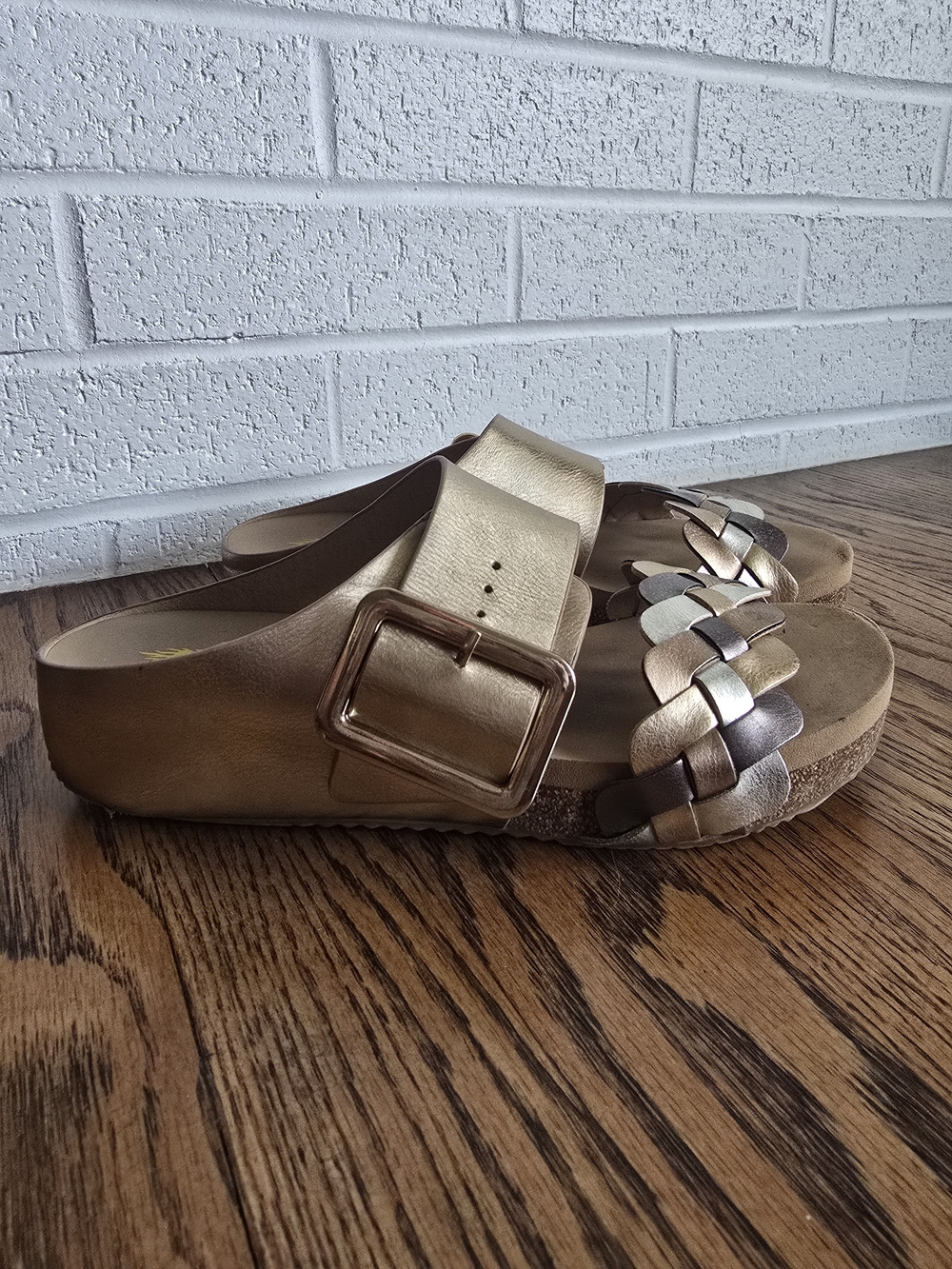 Volatile Metallic Gold Braided Buckle Slide Sandals Size: 6
